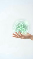 Hand holding glowing green neon sphere with circuit board pattern and question mark symbol, representing digital innovation, technology solutions, and future business concepts.