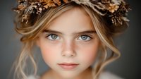 Young woman with blue eyes wearing autumn floral crown and natural makeup against dark background, soft focus portrait with gentle lighting and ethereal mood.
