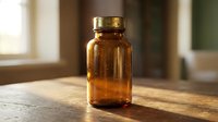 Amber glass medicine bottle with golden cap on wooden surface in warm natural light for pharmaceutical and healthcare concepts.
