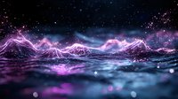 Abstract digital landscape with glowing purple and blue energy waves flowing across cosmic terrain under starry night sky for futuristic technology designs.