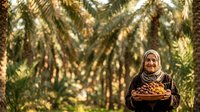 Woman wearing hijab holding basket of fresh dates in palm tree plantation during harvest season.