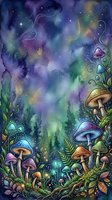 Enchanted forest floor with whimsical mushrooms, glowing flora, and cosmic starry sky in purple, green, and gold watercolor tones. Fantasy woodland scene for creative projects.
