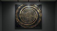 Large golden spiral artwork displayed in modern gallery with dramatic lighting creating mesmerizing hypnotic pattern for contemporary interior design.
