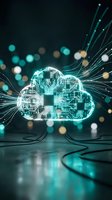 Glowing neon cloud with circuit board pattern connected to fiber optic cables and network lines, representing cloud computing, data storage, and digital technology infrastructure.