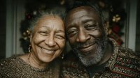 Happy elderly African American couple embracing and smiling warmly at home during holiday season with festive decorations in cozy living room setting.