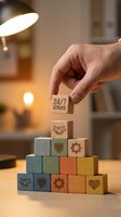 Hand placing wooden block with 24/7 service text on stacked cubes featuring support, protection, and customer care icons for business solutions.