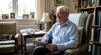 Senior Caucasian man with glasses reading tablet in comfortable home library chair surrounded by books and family photos creating cozy retirement lifestyle.