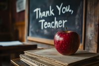 Fresh red apple on stack of vintage notebooks with chalkboard message expressing gratitude to educators, classroom appreciation concept.