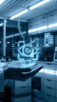 Hand holding glowing neon eye icon with digital particles in modern laboratory setting. Represents vision, technology, surveillance, and innovation for business and digital concepts.
