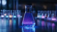 Glowing purple liquid in laboratory flask with blurred science lab background showing multiple illuminated containers creating mystical atmosphere.