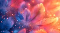 Delicate feathers in dreamy pink and blue tones with glowing bokeh lights and sparkles creating magical ethereal atmosphere. Soft focus macro photography style background.