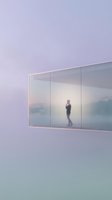 Woman standing in modern glass window frame overlooking misty forest landscape at dawn, minimalist architectural design with soft purple and blue gradient sky.