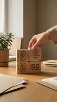Hand placing wooden block with ISO 9001 certification symbol on stack of blocks showing ISO 14001, ISO 27001, and ISO certified stamps on desk with plant and documents for business quality standards.