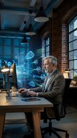 Senior businessman working with holographic cloud computing interface in modern industrial office space with brick walls and large windows.
