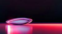 Futuristic glowing pink and purple capsule floating over reflective surface against dark background with neon lighting effects and dramatic shadows.