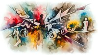 Abstract watercolor composition with geometric shapes, arrows and human silhouettes in vibrant colors for modern design projects.