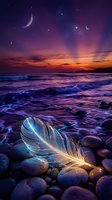 Magical feather glowing on rocky beach at twilight with crescent moons and stars in purple sky. Fantasy seascape with luminous waves and cosmic atmosphere.