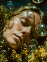 Young Caucasian woman with closed eyes surrounded by delicate soap bubbles and yellow wildflowers in dreamy atmospheric lighting, expressing serenity and natural beauty.