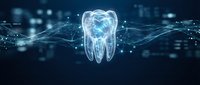 Digital tooth hologram with glowing neural networks and data connections for modern dentistry and healthcare technology applications.