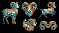 Colorful decorative ram and goat heads with ornate horns, isolated on transparent background. Ready for t-shirt design, clipart, stickers, sublimation, and print-on-demand projects.