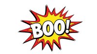 Comic book style BOO explosion burst with red and yellow starburst design isolated on transparent background for Halloween decorations and graphic projects.