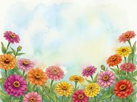 Watercolor zinnia flowers border with colorful blooms in pink, orange, yellow and red on soft pastel background with copy space.