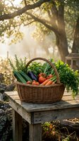 Fresh organic vegetables and herbs in wicker basket on rustic wooden table outdoors with warm sunlight filtering through trees for healthy cooking.