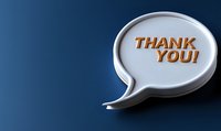White speech bubble with orange thank you text on dark blue background, modern minimalist design for business communication and gratitude expression.
