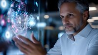 Mature Caucasian businessman with gray hair and beard interacting with futuristic holographic interface displaying glowing circles and digital elements in dark office.