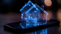 Glowing holographic house projection emerging from smartphone screen in dark blue light with bokeh effect background, futuristic smart home concept.
