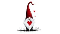 Cute Nordic gnome with heart on beard wearing red pointed hat sitting in grass, Valentine's day folklore character on white background, isolated design element.