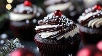 Chocolate cupcakes with swirled vanilla and dark chocolate frosting, decorated with silver sprinkles and red candy pearls on top, festive holiday dessert.
