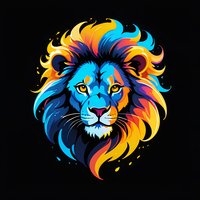 Majestic lion head with vibrant blue and orange gradient mane against black background, artistic style with flowing curves and bold colors for modern design projects.