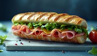 Fresh submarine sandwich with ham, lettuce, and tomatoes on grilled artisan baguette, served on wooden board against dark background. Perfect for menu design.