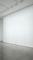 Empty white gallery wall with track lighting system and concrete floor for art exhibition display space.