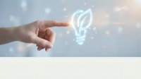 Hand reaching toward glowing eco lightbulb with leaf symbol representing green energy innovation and sustainable technology solutions for environmental care.