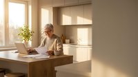 Senior Caucasian woman working on laptop at modern kitchen counter with documents and plant in bright sunlit home office space for remote work lifestyle.
