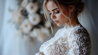 Young Caucasian bride in luxurious lace wedding dress and veil poses near floral decoration, side profile portrait with soft natural lighting and romantic mood.