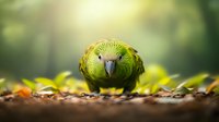 Green budgie parakeet close-up portrait on natural blurred background with bokeh effect, front view of pet bird face with detailed feathers and beak.