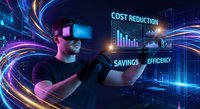 Young Caucasian businessman using VR headset analyzing financial data with holographic charts showing cost reduction and efficiency metrics in futuristic interface.