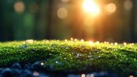 Magical morning sunlight illuminates dewy moss with golden bokeh effect, creating dreamy natural macro photography scene with shallow depth of field.