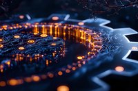 Futuristic circuit board with glowing orange lights forming intricate patterns on dark blue background, representing advanced technology and digital innovation.