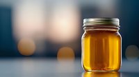 Golden honey in glass mason jar on reflective surface with soft bokeh background lights creating warm, cozy atmosphere. Perfect for food marketing.