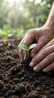 Elderly hands protecting young green seedling sprouting from rich soil in garden with soft natural light and bokeh background for growth concepts.
