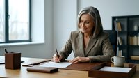 Mature Caucasian businesswoman with gray hair writing notes at office desk, professional executive planning strategy in modern workplace.