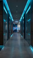 Modern office corridor with cyan LED lighting and glass walls creating futuristic corporate atmosphere for business and technology concepts.