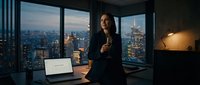 Young woman with dark hair and medium skin tone, wearing dark professional attire, standing in modern high-rise office with panoramic city skyline views, laptop on desk, evening lighting, corporate environment.