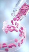 Pink capsules spilling from glass bottle with flowing motion effect for pharmaceutical and healthcare concepts.