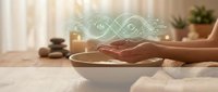 Hands cupped over wooden bowl with glowing holographic wellness symbols in serene spa setting with candles and plants for meditation and healing concepts.