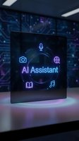 Glowing neon AI Assistant sign with multimedia icons on a dark futuristic panel, set in a tech-themed digital environment.